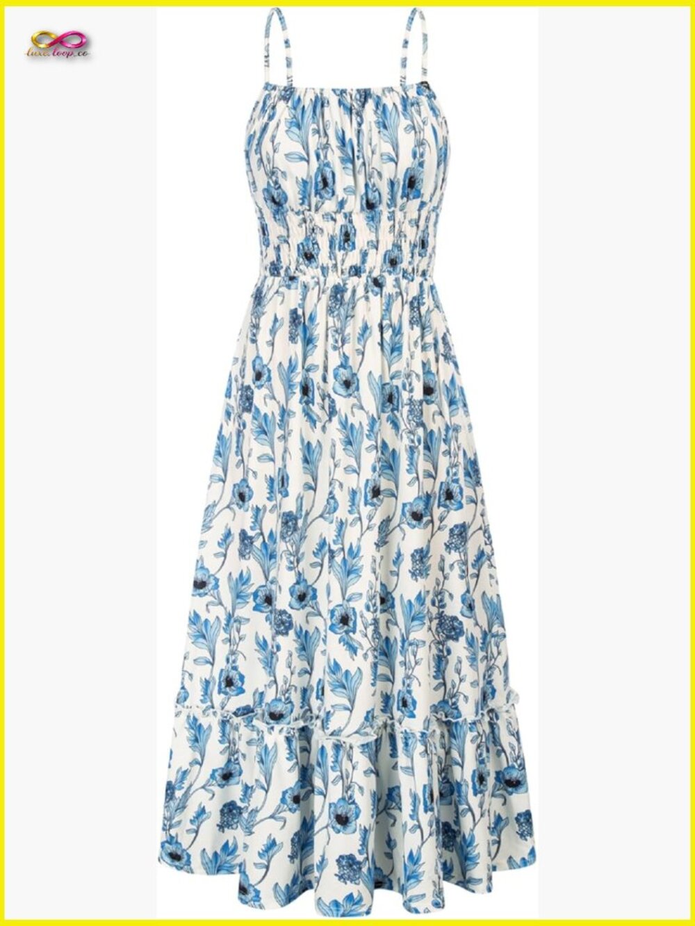 Smocked Floral Maxi Dress Boho Beach Sundress with Pockets Sleeveless Spaghetti